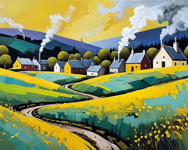 Vibrant Countryside Scene with Rolling Hills and Houses