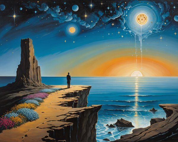 Solitary Figure by Ocean at Vivid Sunset with Flowers