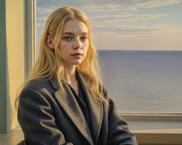 Young woman in a blazer gazing out a window