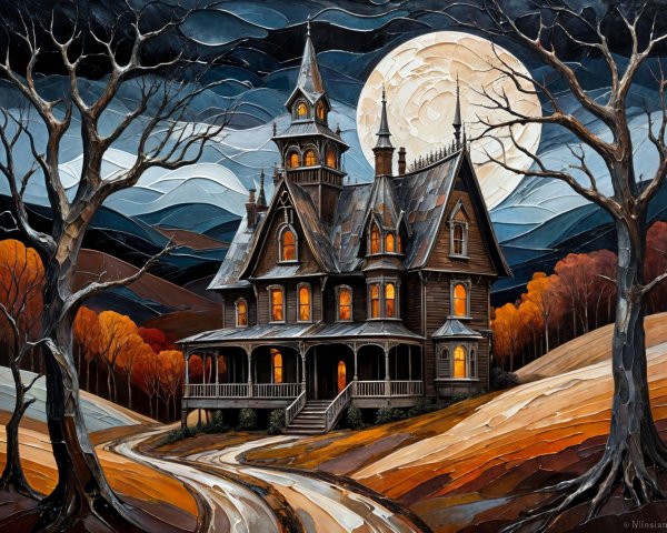 Gothic Mansion Under Moonlit Sky with Autumn Landscape