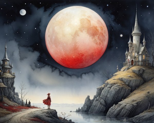 Mysterious landscape under a blood-red moon with castle