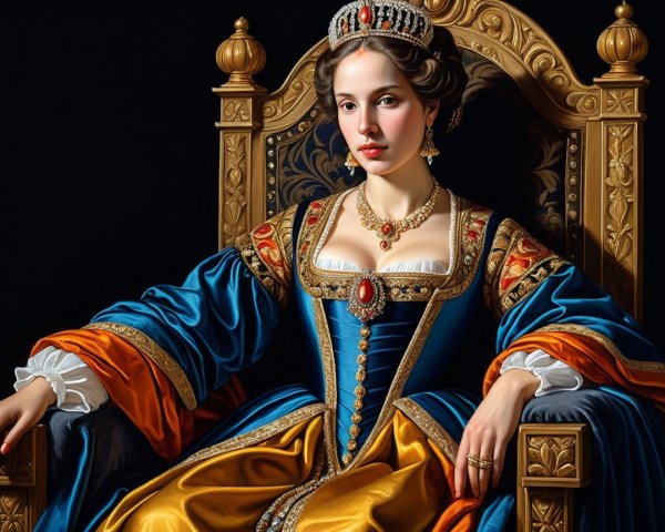 Regal Woman on Ornate Throne in Elaborate Gown