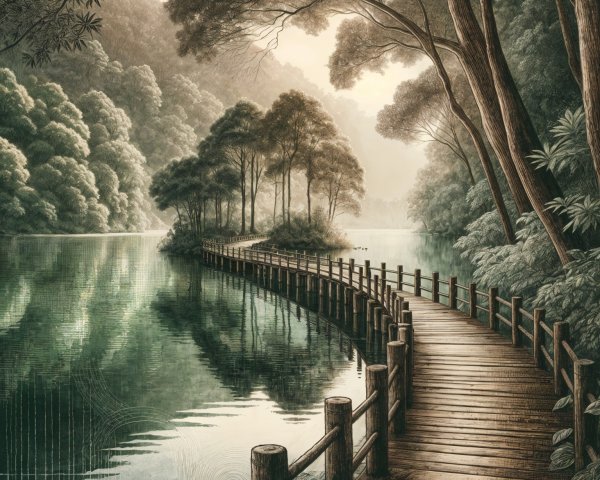 Wooden Pathway by Calm Lake Surrounded by Trees