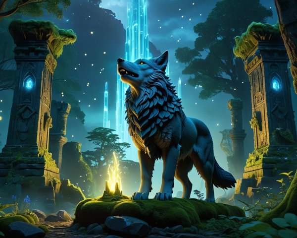 Majestic wolf in an enchanted forest with crystals