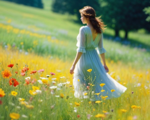 Young woman in white dress in vibrant wildflower field