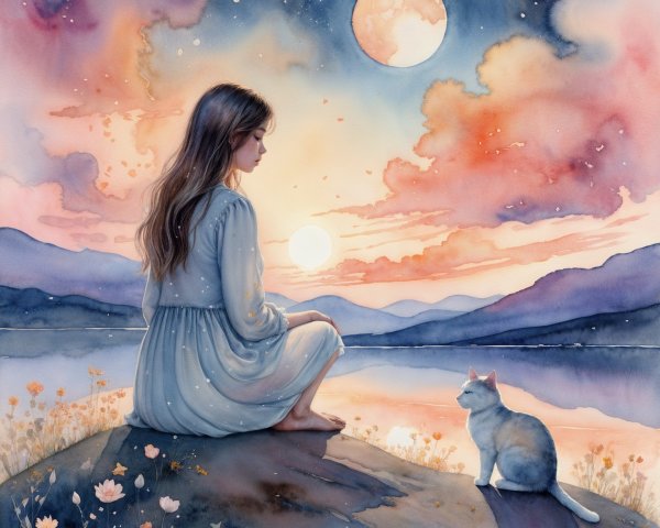 Young girl and cat by tranquil lake at dusk