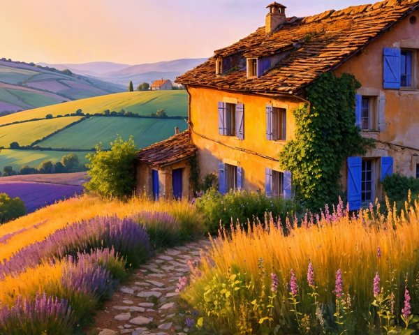 Charming Yellow Farmhouse in Sunset Countryside Scene
