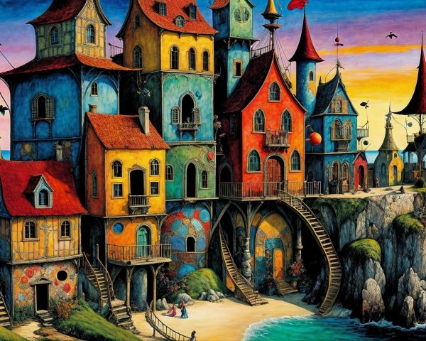 Whimsical Coastal Village with Colorful Houses and Cliffs