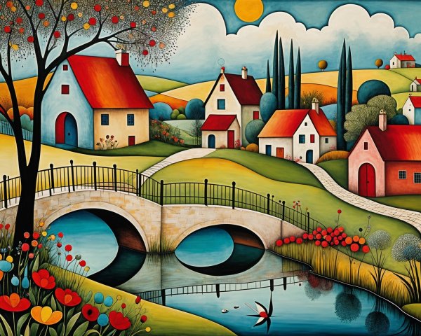 Vibrant Landscape with Charming Houses and Stream