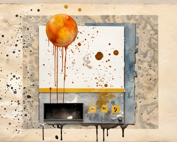 Abstract Artwork with Vibrant Orange Sphere and Textures