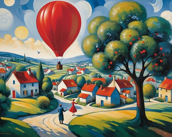 Whimsical Landscape with Hot Air Balloon and Couples