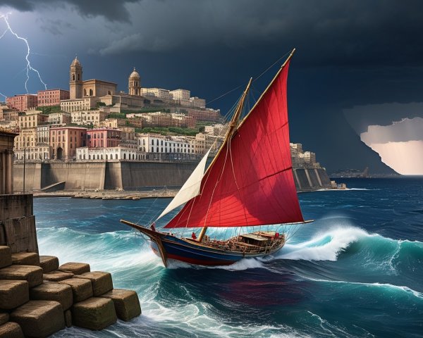 Red-Sailed Boat Amidst Stormy Coastal Landscape