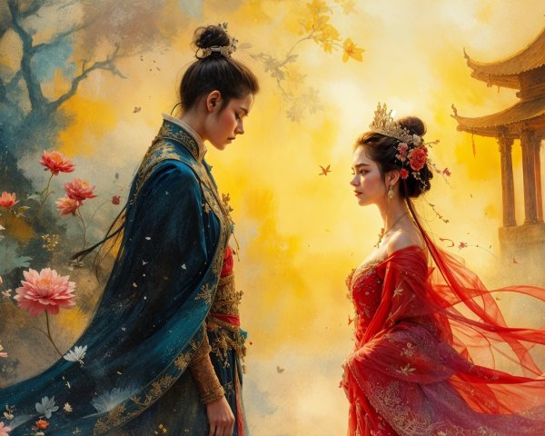 Oil Painting of Man and Woman in Traditional Attire