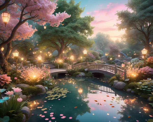 Twilight Garden with Cherry Blossoms and Lanterns