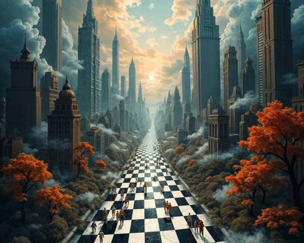 Surreal Cityscape with Skyscrapers and Checkered Pathway