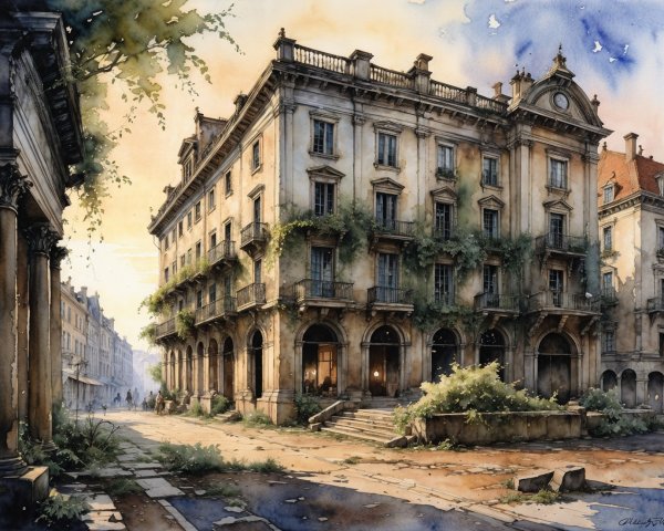 Watercolor of Grand Abandoned Classical Building