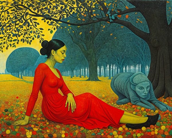 Woman in Red Dress Amid Colorful Flowers and Trees