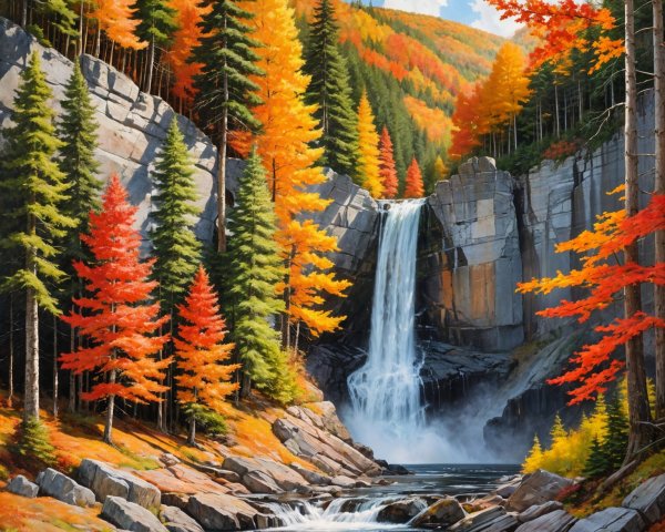Vibrant Autumn Landscape with Waterfall and Foliage