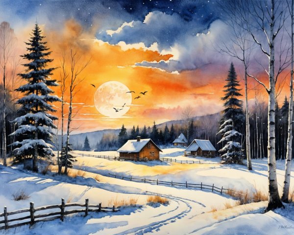 Winter Landscape with Cabins and Moonlit Sky