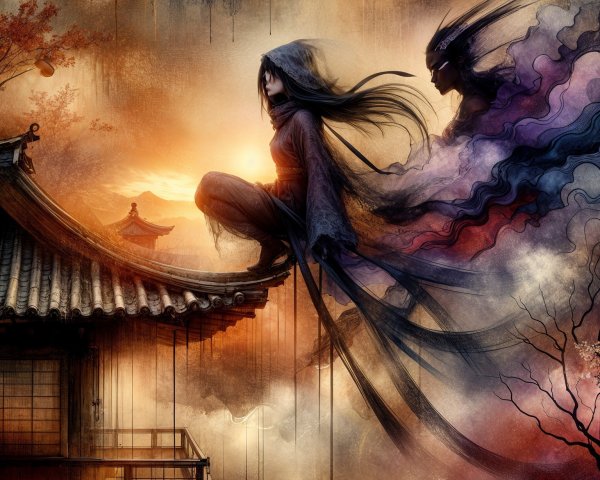 Cloaked Figure on Asian Rooftop at Dusk with Mist