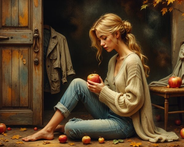 Serene Young Woman in Rustic Room with Apples and Leaves