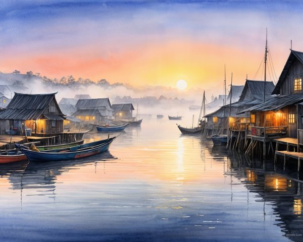 Tranquil Waterfront Scene at Dawn with Wooden Houses