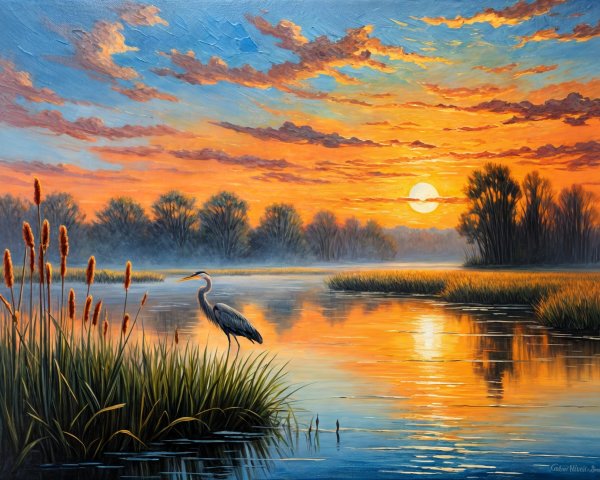 Serene Sunset Landscape with River and Silhouetted Trees