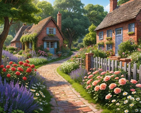 Charming Village Scene with Quaint Cottages and Gardens