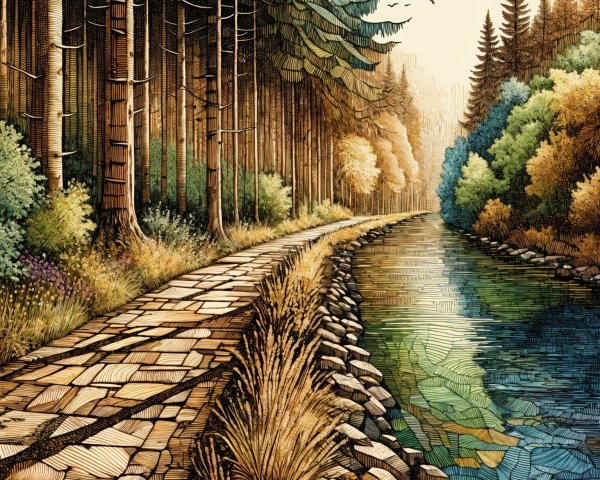 Serene Landscape with Winding Stone Path and River