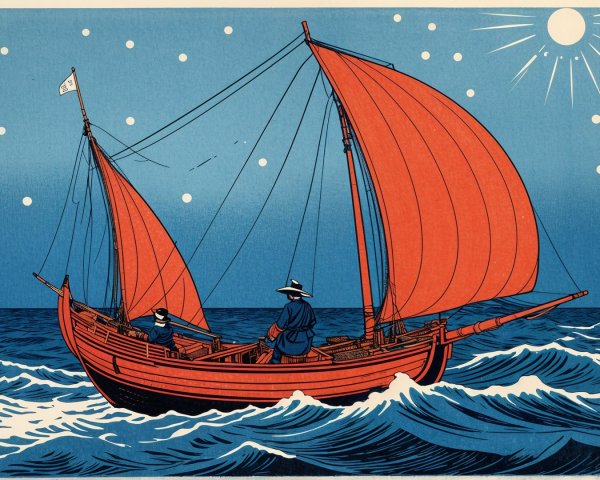 Vibrant Sailing Ship with Red Sails at Night