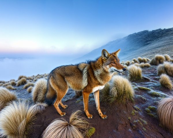 Fox-like Creature on Misty Hillside at Sunrise