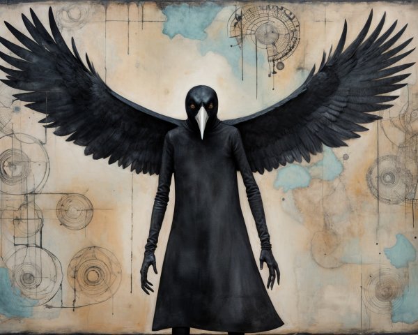 Crow-Headed Figure in Dark Garment with Abstract Background