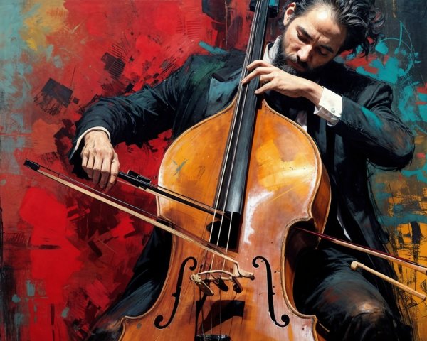Cellist in Black Suit Against Vibrant Abstract Background