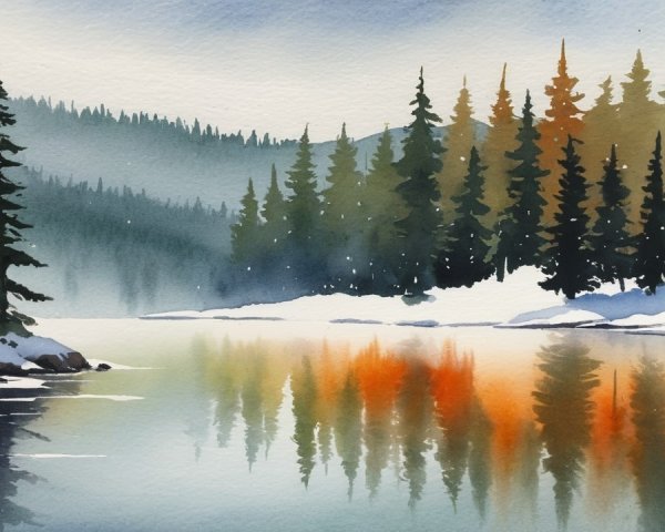 Serene Winter Landscape with Reflective River and Snow