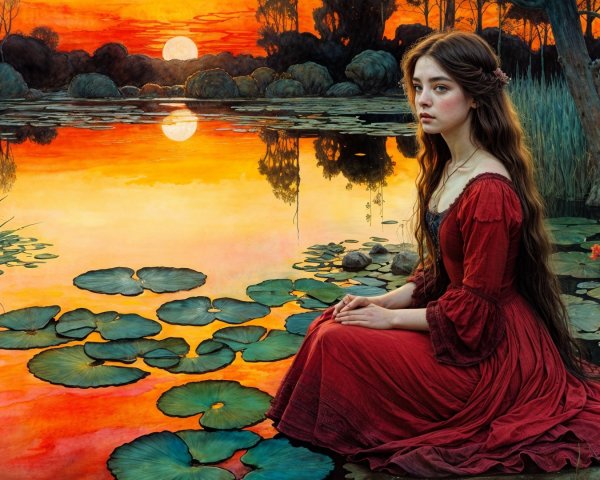Young Woman in Red Dress by Tranquil Sunset Pond