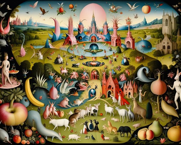 Vibrant Whimsical Landscape with Mythical Creatures