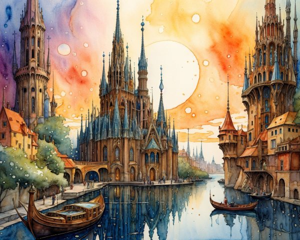 Watercolor Fantasy Cityscape at Sunset with River