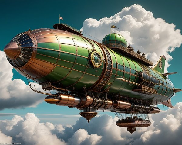 Steampunk airship design with copper and green accents