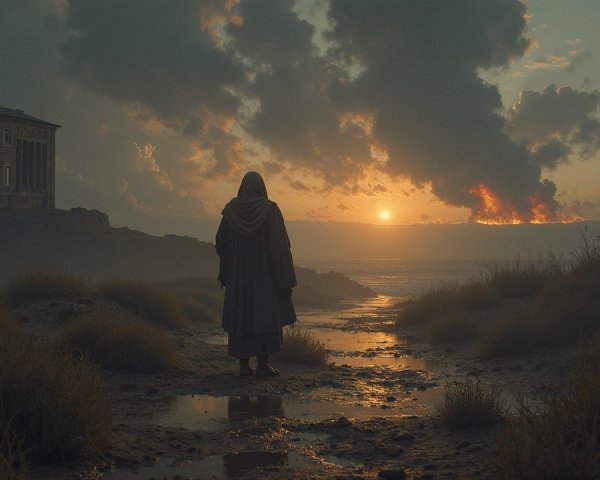 Solitary Figure at Misty Shoreline During Sunset