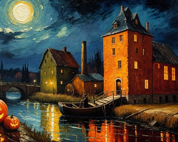 Autumn Landscape with Rustic Buildings and Moonlight