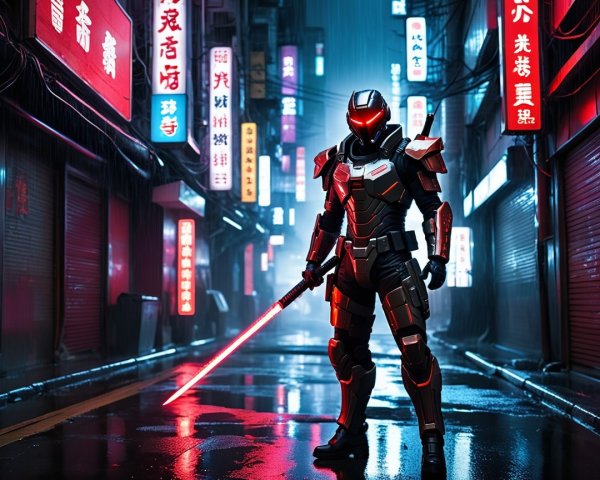 Futuristic Warrior in Neon-Lit Cyberpunk Alley