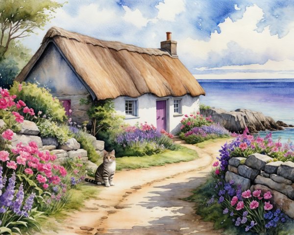 Charming Thatched Cottage by the Sea with Flowers