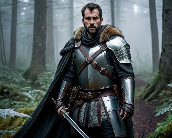 Medieval Armored Man in Misty Forest Setting