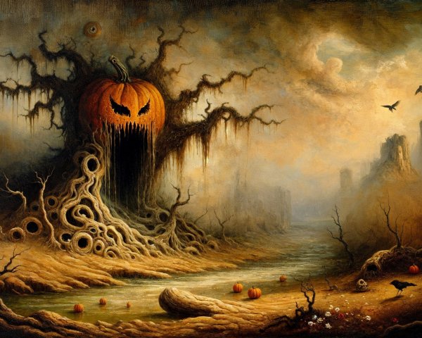 Haunting Landscape with Gnarled Tree and Pumpkins