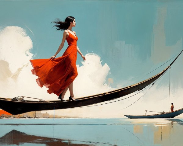 Woman in Red Dress on Boat in Serene Landscape