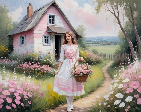 Young Woman in Pastel Dress on Flower Pathway