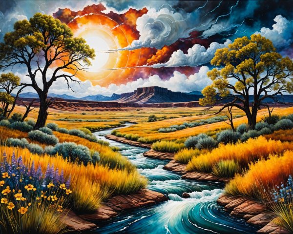 Vibrant Landscape with River, Wildflowers, and Sunset