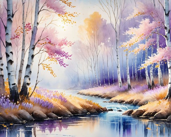 Tranquil River in Birch Grove with Autumn Foliage