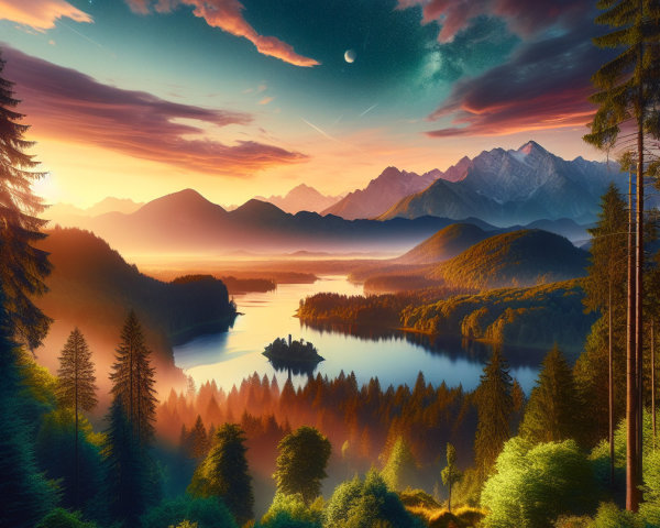 Vibrant Sunset Landscape Over Serene Lake and Forest