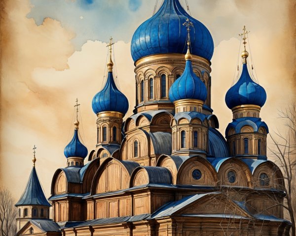 Ornate church with blue domes and wooden architecture